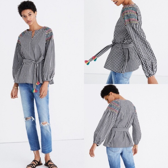 Madewell Tops - Madewell‎ Smocked Gingham Top Black White